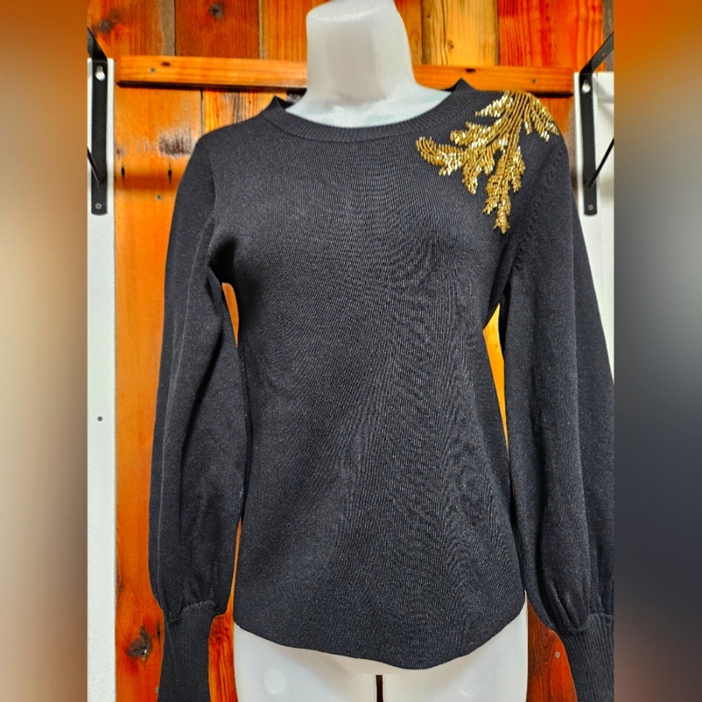 Chic Black Sweater with Gold Embroidery